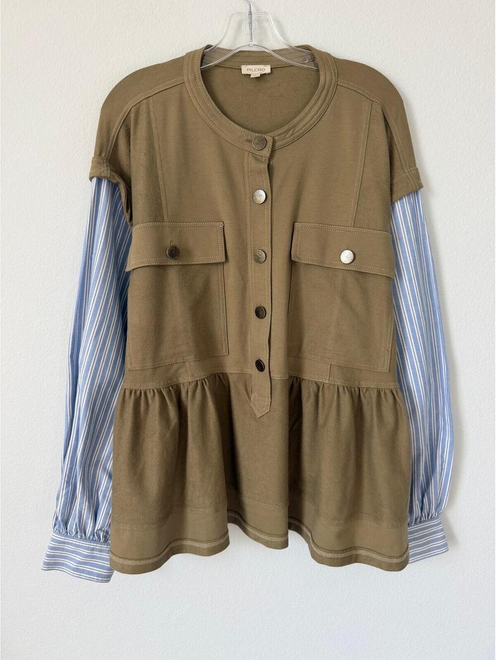 Pilcro Olive Green Peplum Sweatshirt with Blue Stripe Sleeves